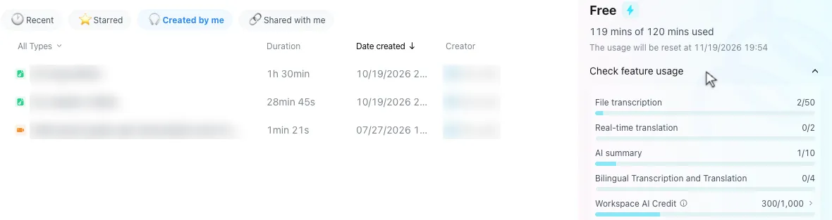 Notta free dashboard showing "119 mins of 120 mins used" and "File transcription 2/50" next to two records with durations "1h 30min" and "28min 45s"
