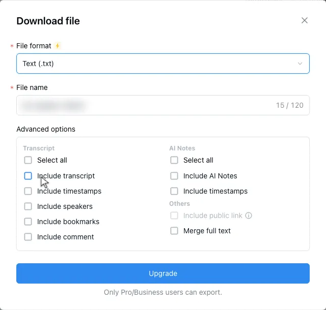 Notta "Download file" dialog with Text (.txt) selected, an Upgrade button, and the line "Only Pro/Business users can export."