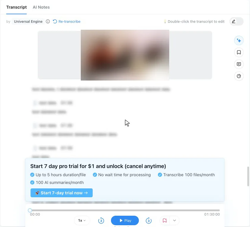 Notta free-account transcript of a 1:30:00 file turning into blurred placeholder blocks under the card "Start 7 day pro trial for $1 and unlock (cancel anytime)"