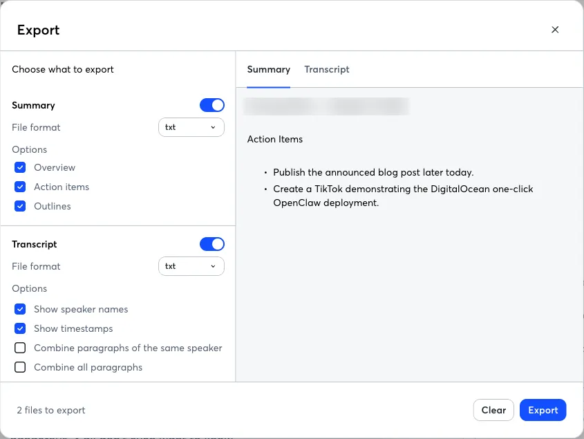 Otter Export dialog with Summary and Transcript both set to "txt", options "Show speaker names" and "Show timestamps" checked, and the footer "2 files to export"
