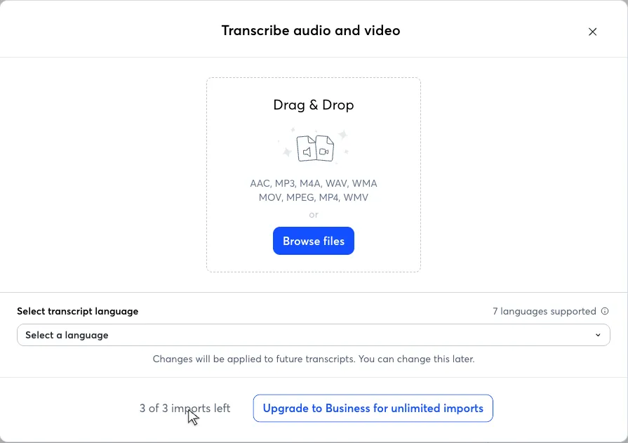 Otter import dialog "Transcribe audio and video" listing "AAC, MP3, M4A, WAV, WMA, MOV, MPEG, MP4, WMV" with the footer "3 of 3 imports left" and the button "Upgrade to Business for unlimited imports"