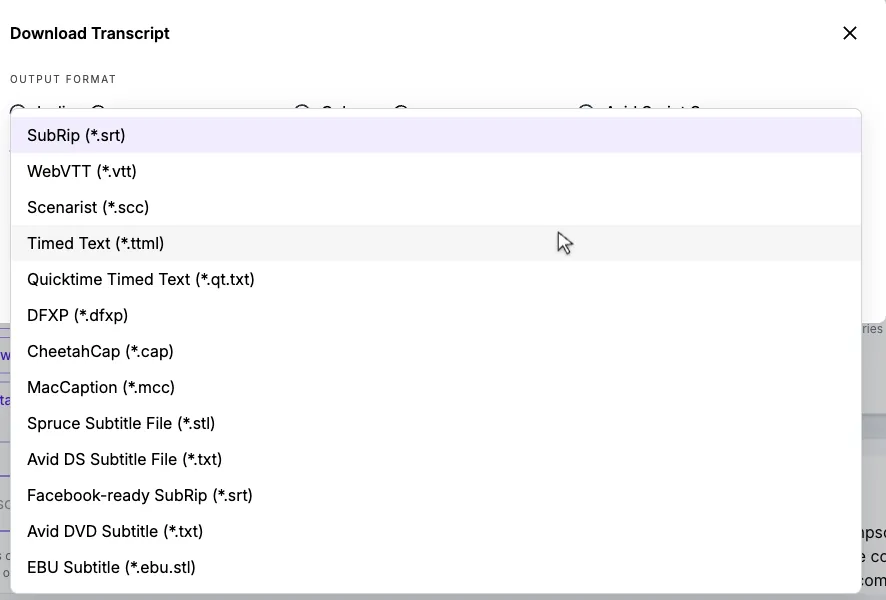 Rev "Download Transcript" dialog listing caption formats including SubRip (*.srt), WebVTT (*.vtt), Scenarist (*.scc), Timed Text (*.ttml), DFXP (*.dfxp), MacCaption (*.mcc) and EBU Subtitle (*.ebu.stl)