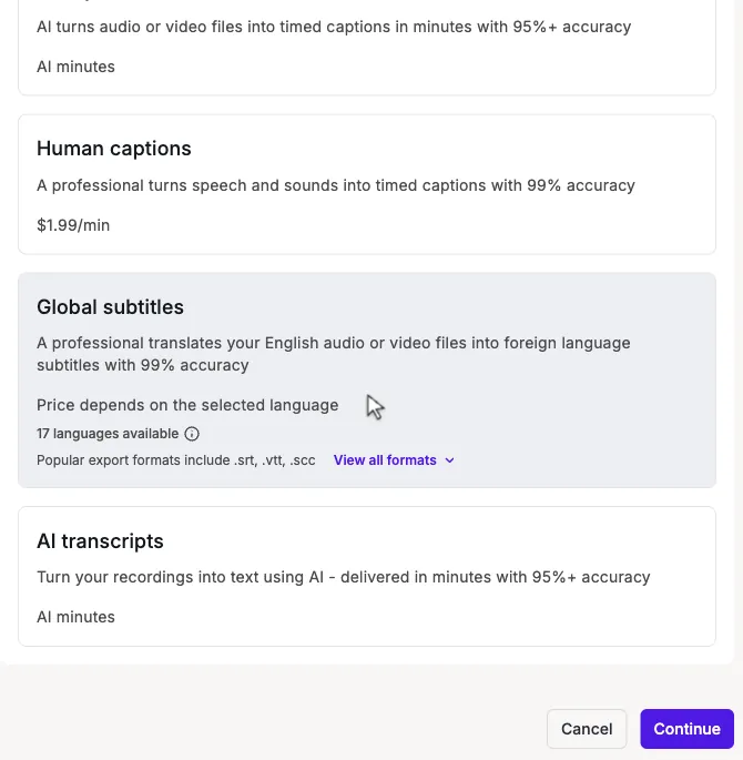 Rev order options for the refused file: AI captions ("AI turns audio or video files into timed captions") and "AI transcripts" priced in "AI minutes", "Human captions" at "$1.99/min", and "Global subtitles" with "Price depends on the selected language"